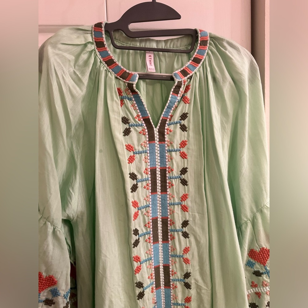 Ethnic Boho Chic Embroidered Maxi Dress | Green Floral Folk Aesthetic Size L - Picture 9 of 9